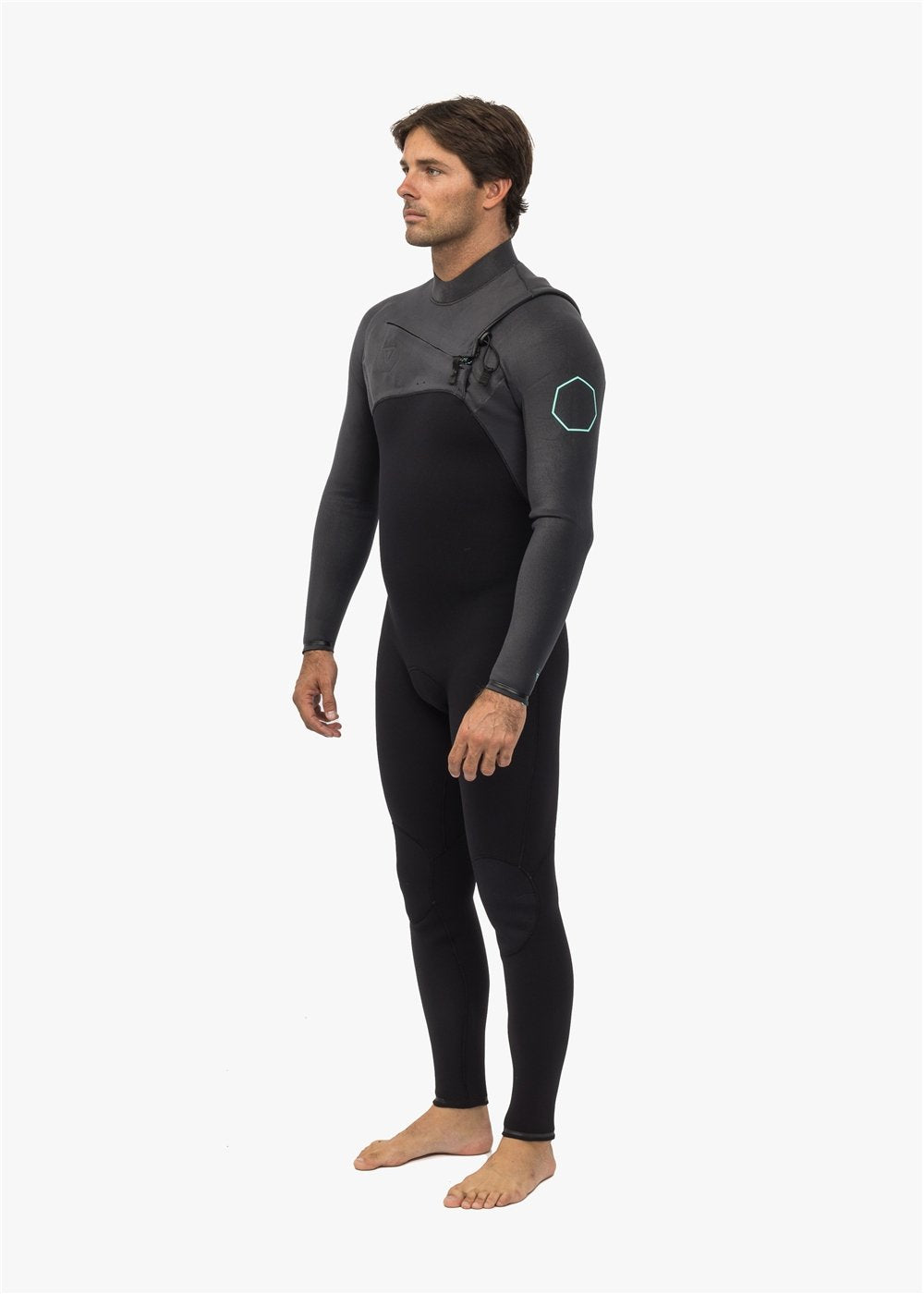Vissla High Seas II 3-2 full chest zip wetsuit in charcoal, side view.