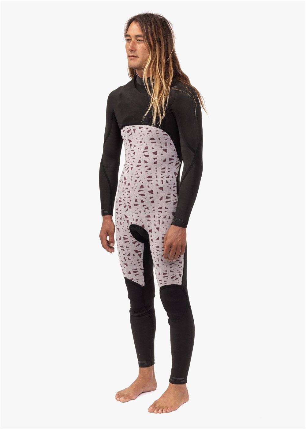 Side view of Vissla 7 Seas 3-2 Full Suit with patterned interior lining.