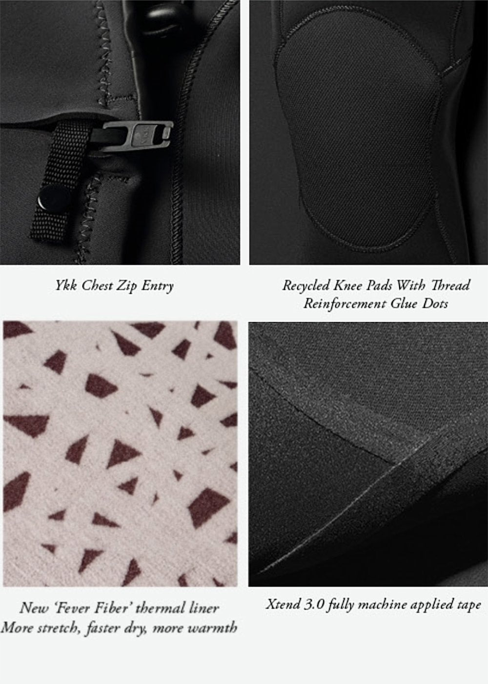 VIssla wetsuit features: chest zip, knee pads, thermal liner