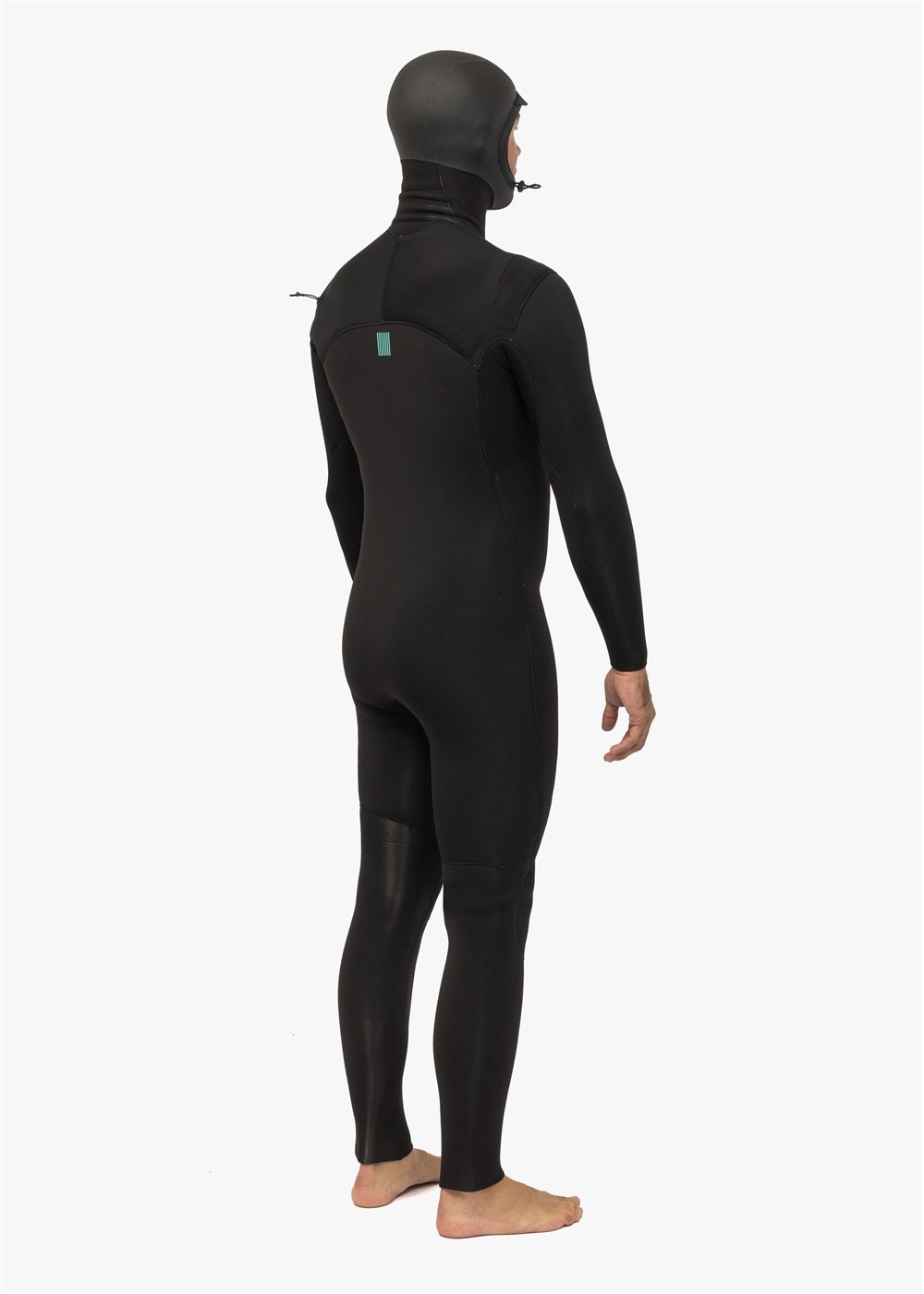 Vissla New Seas 5-4 Hooded V-Zip Wetsuit in black, back view.