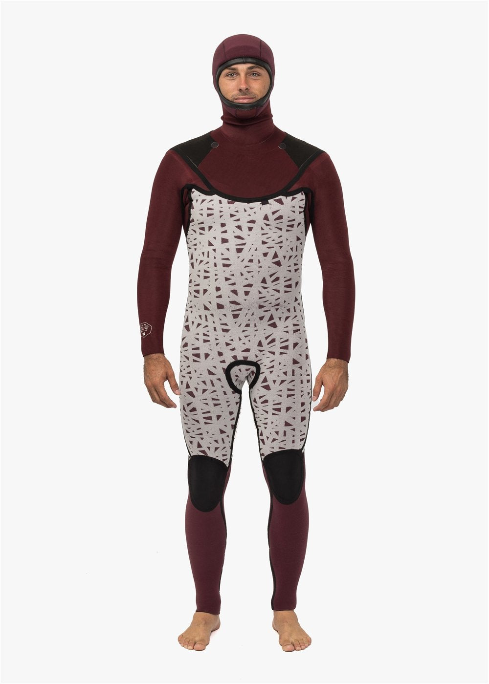 Vissla New Seas 5-4 Hooded V-Zip Wetsuit in maroon with patterned interior, front view.