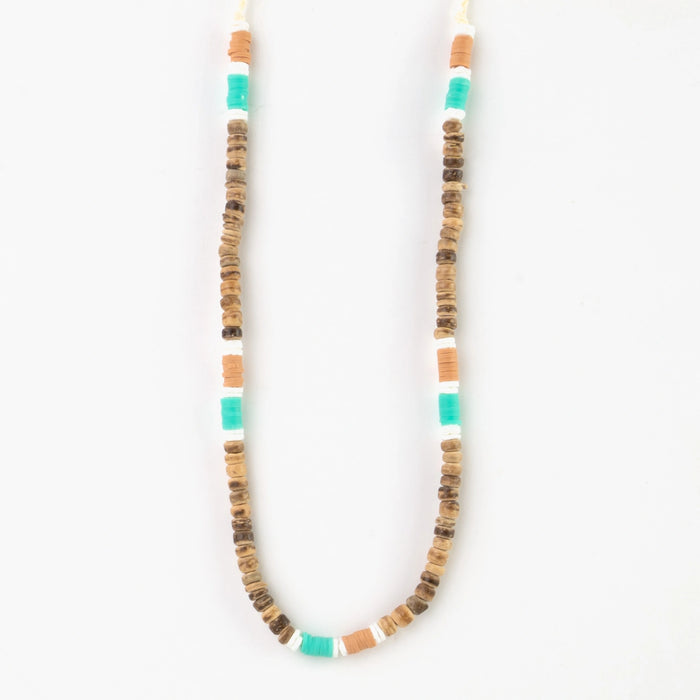 Pineapple Island Nomad Disc Necklace with wooden and turquoise beads.