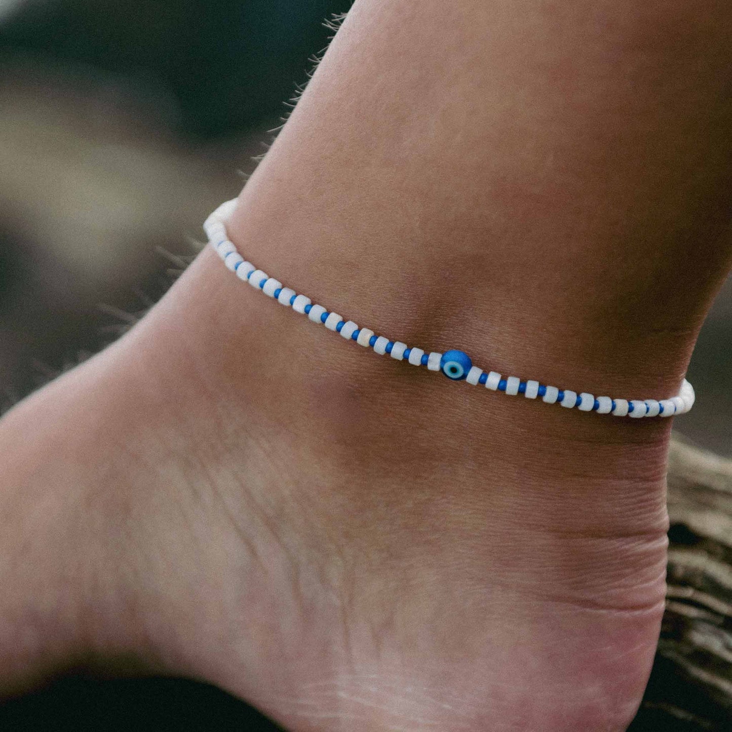 Candidasa Evil Eye Anklet with Blue Glass Beads