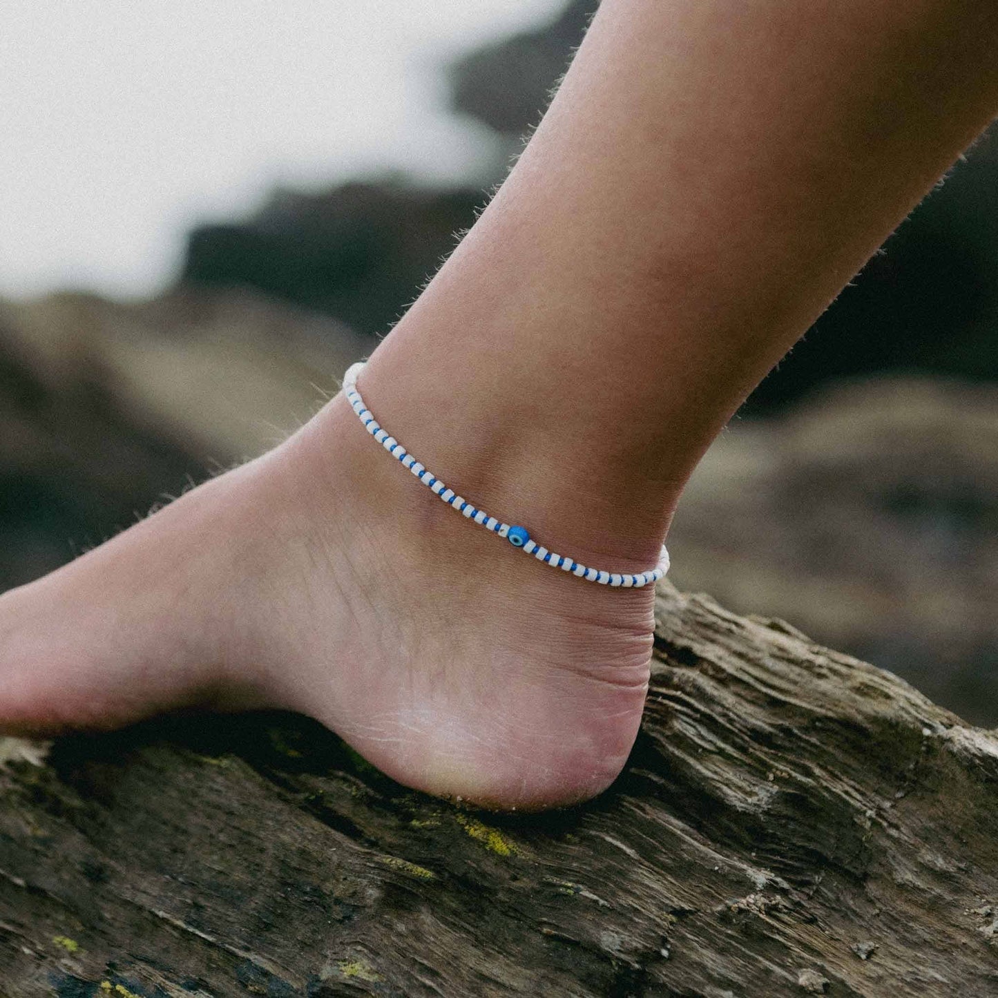 Candidasa Evil Eye Anklet with Blue Glass Beads