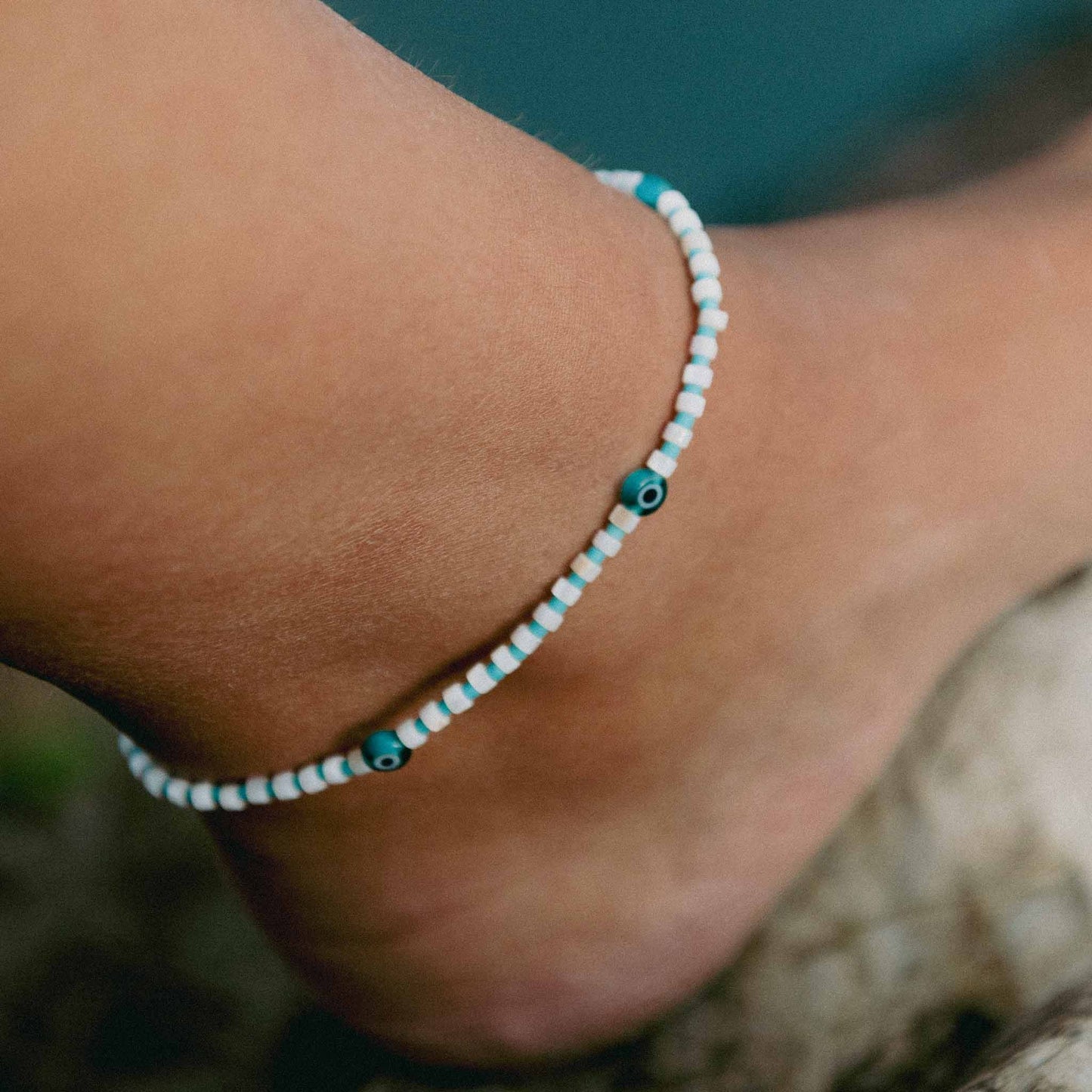 Hanauma Bay Teal Blue Glass Evil Eye Anklet