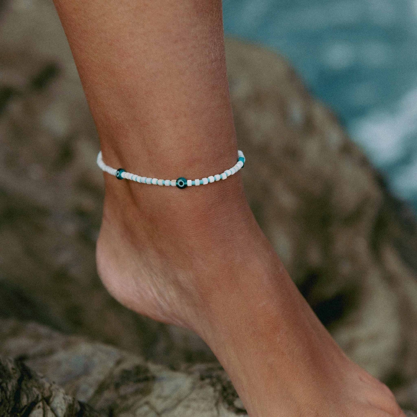 Hanauma Bay Teal Blue Glass Evil Eye Anklet