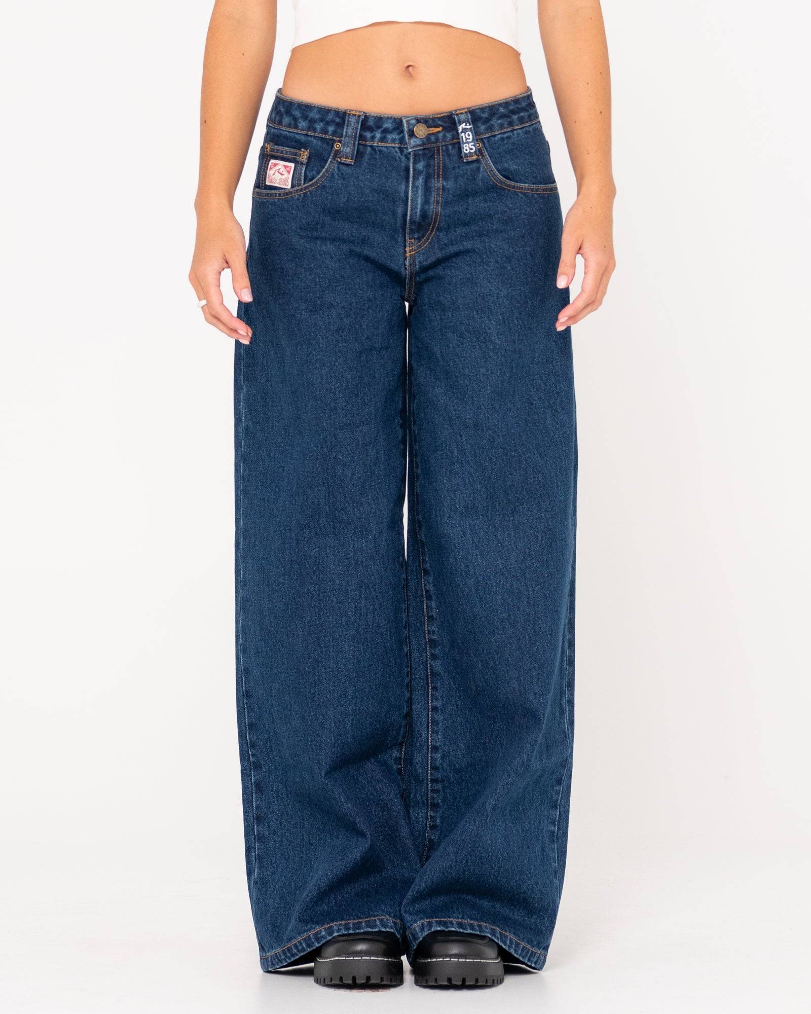 Front view of Rusty Low Rise Super Wide Leg Jean in dark blue denim.