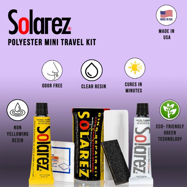 Solarez Polyester Mini Travel Kit features odor-free, clear resin, and eco-friendly technology.