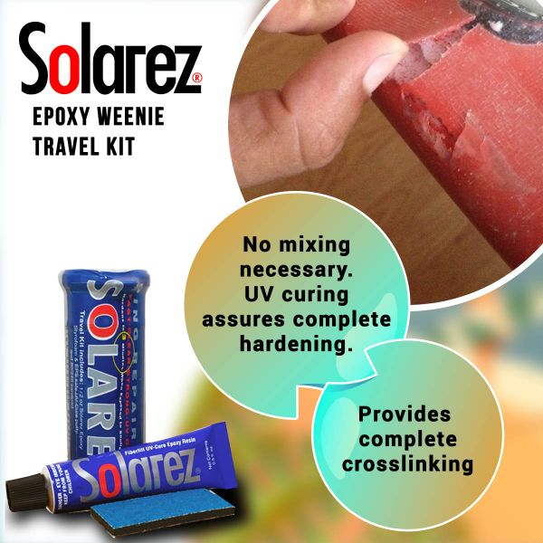 Solarez Epoxy Mini Travel Kit showcasing UV curing and no mixing required for surfboard repair.
