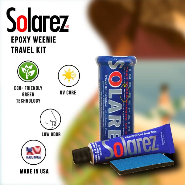 Solarez Epoxy Mini Travel Kit highlighting eco-friendly UV cure, low odor, and made in USA.