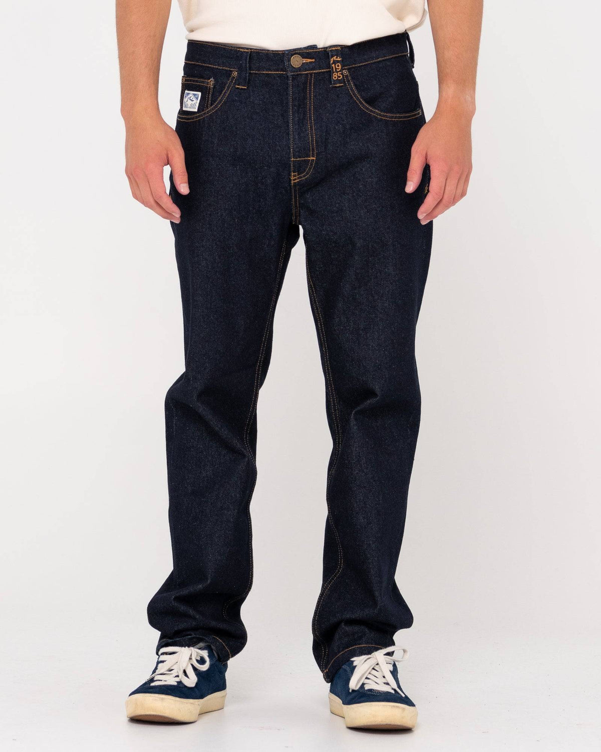 Front view of Rusty Steven Straight Fit Jean in dark denim with contrast stitching.
