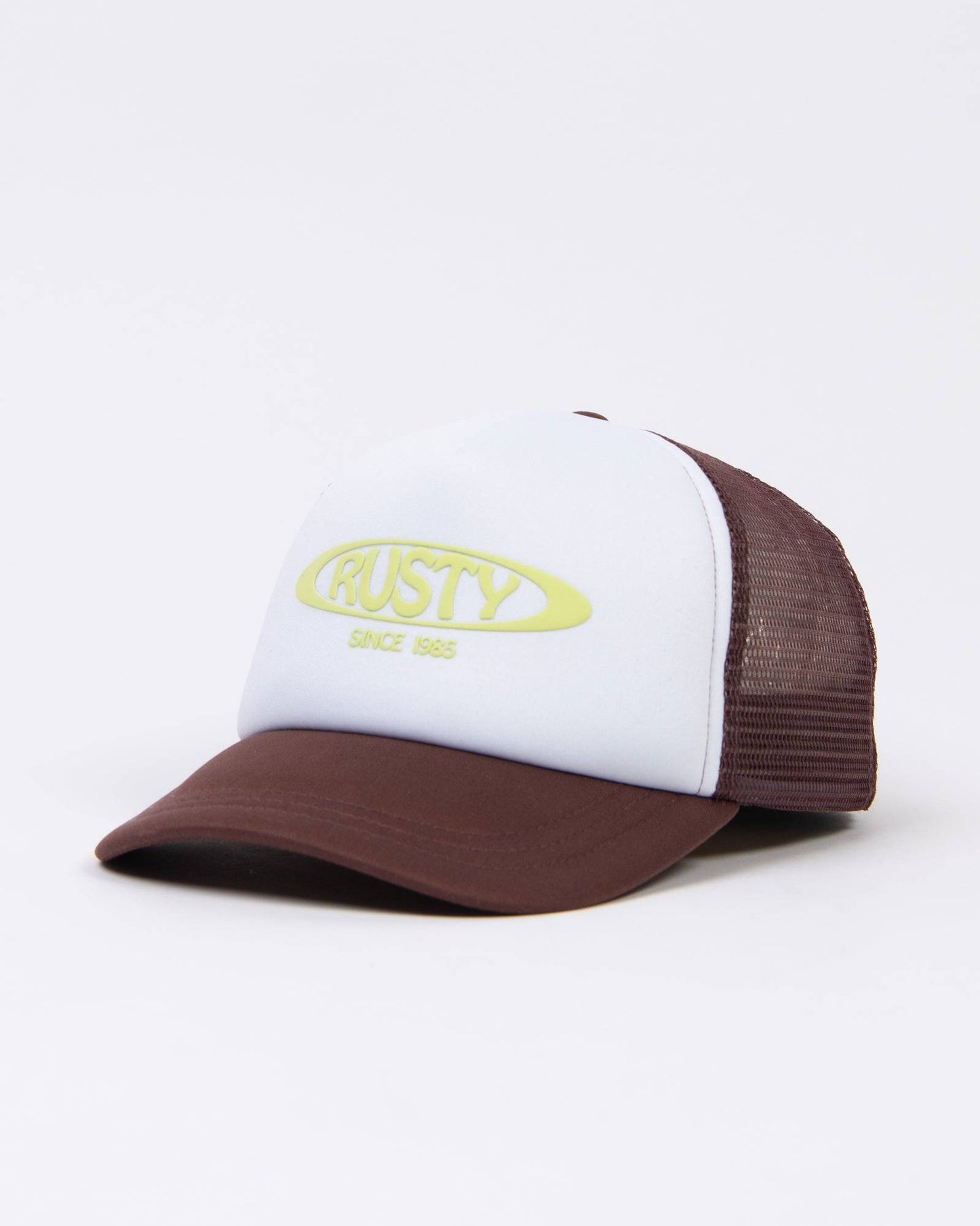 Rusty Bless You Trucker Cap with brown brim and mesh back.
