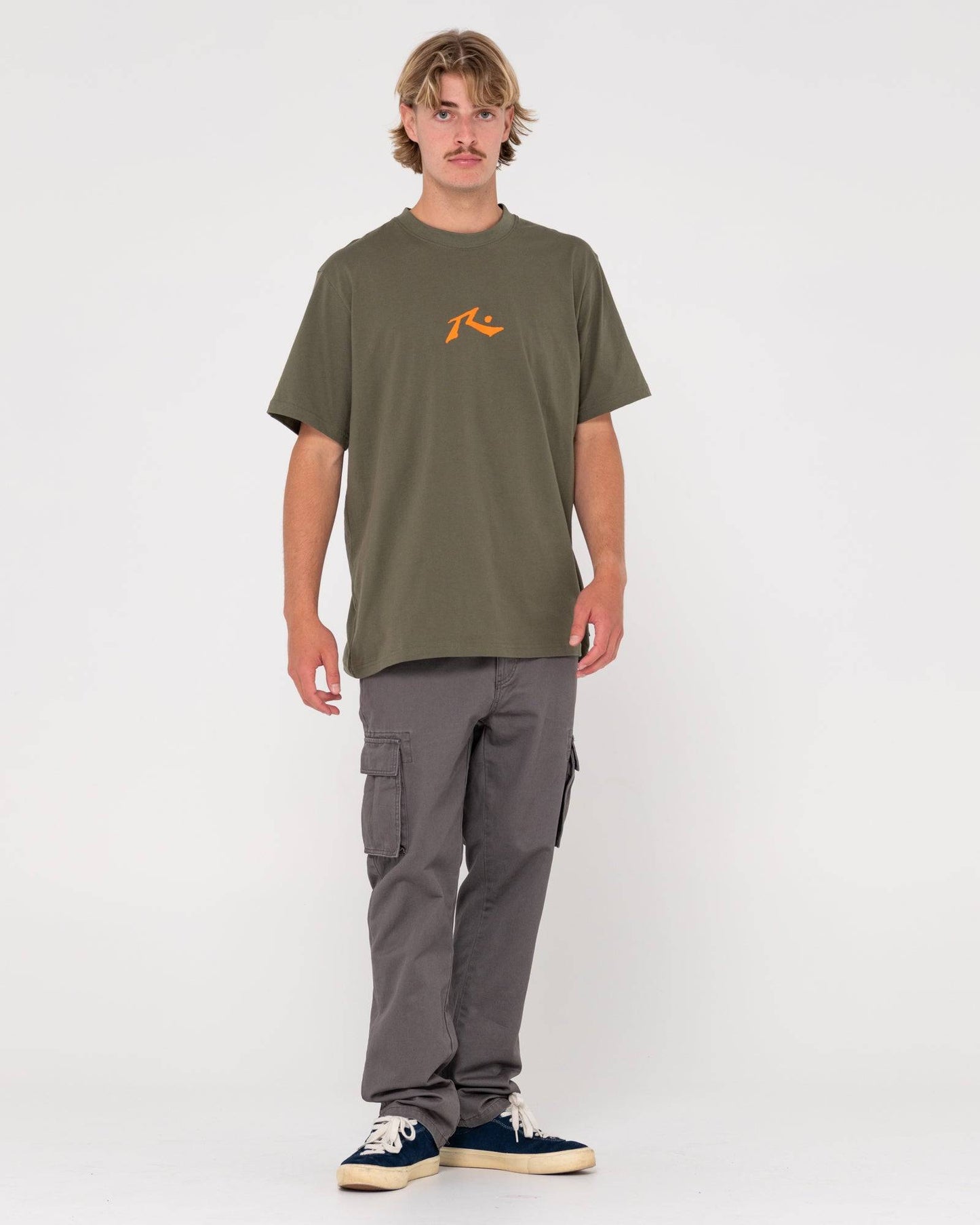 Rusty Manila Cargo Pant styled with a green t-shirt, front view.