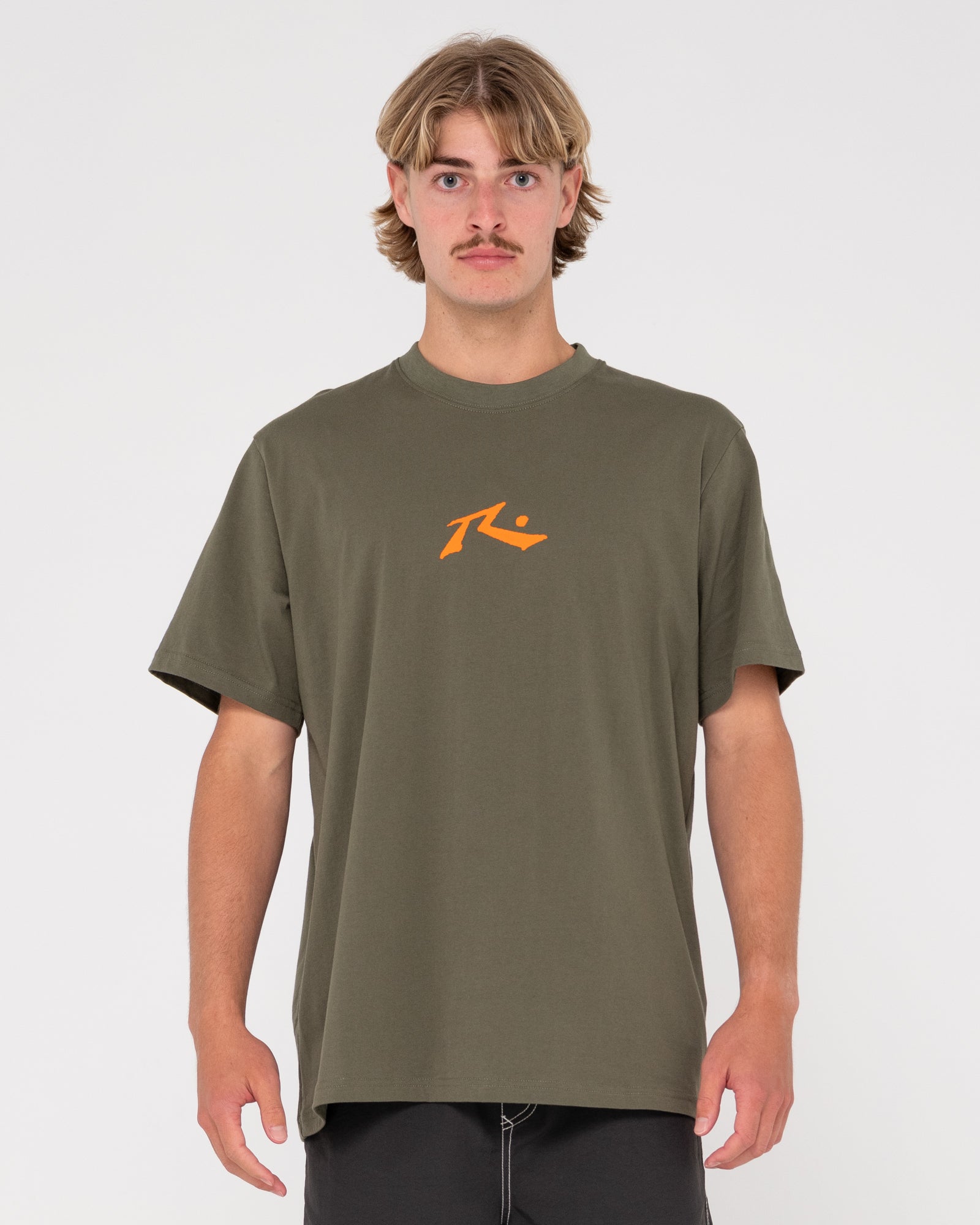 Rusty One Hit CF Competition short sleeve tee in olive green, front view.