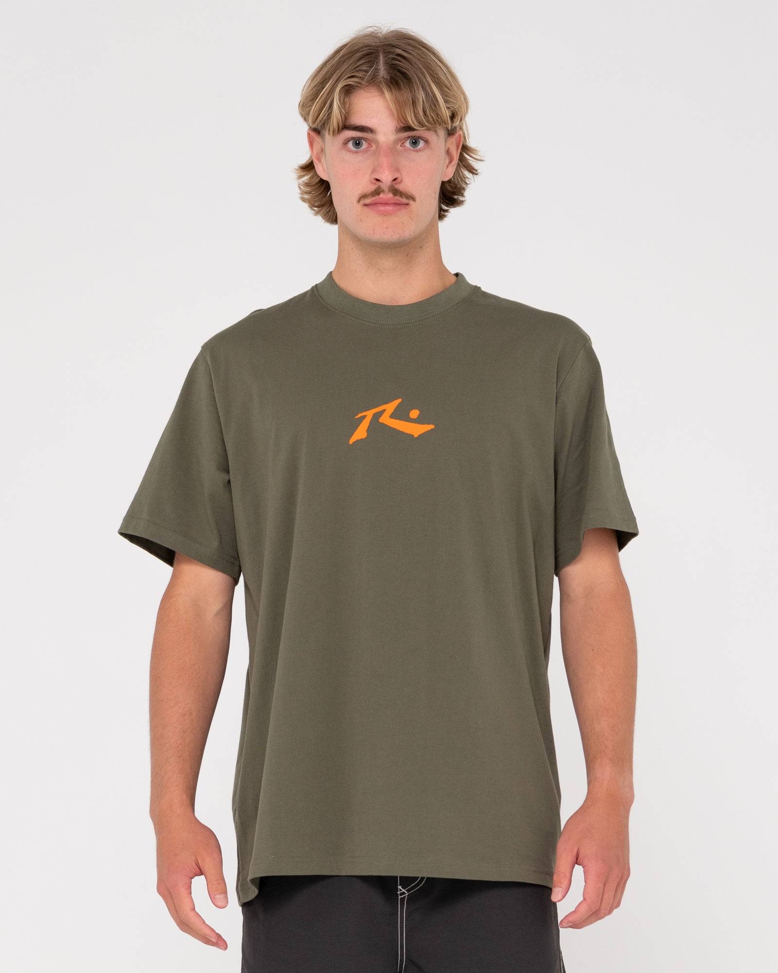 Rusty One Hit CF Competition short sleeve tee in olive green, front view.