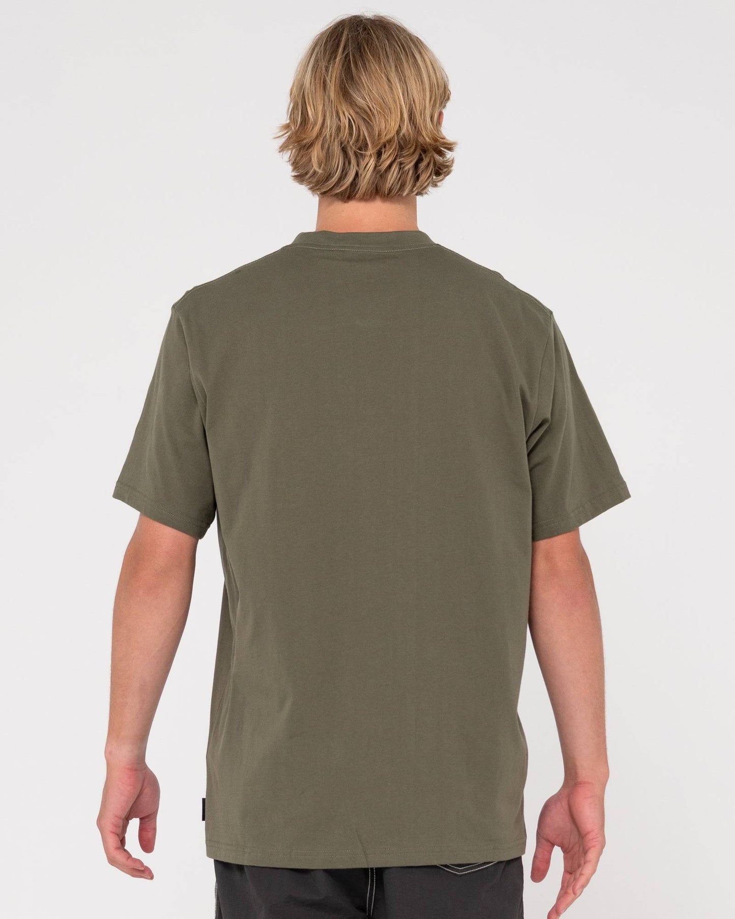 Rusty One Hit CF Competition short sleeve tee in olive green, back view.