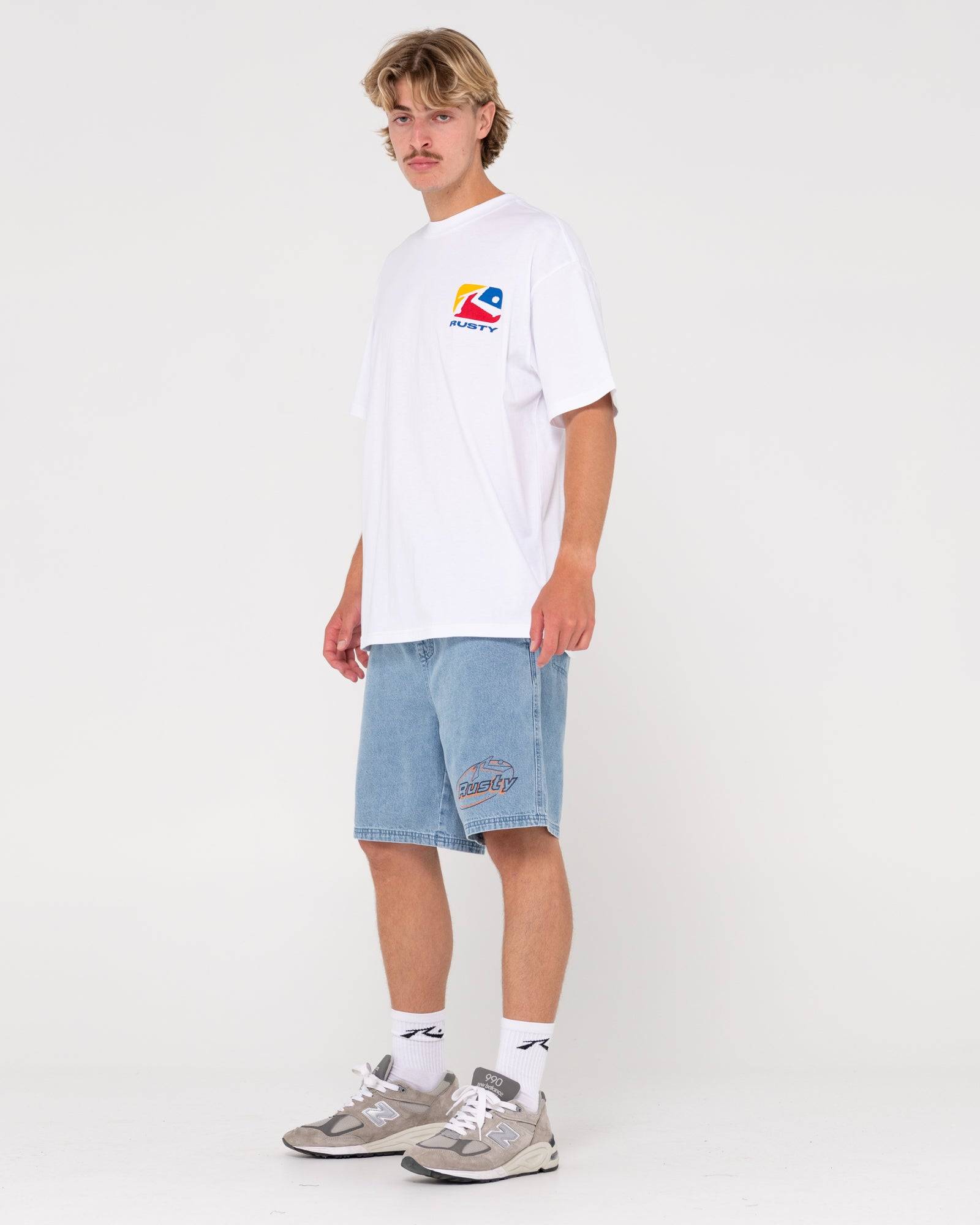 Rusty Phenom short sleeve tee in white, relaxed fit with chest logo print.