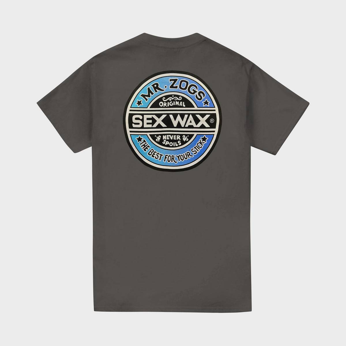 Sexwax Word Fade Tee in charcoal with large logo on back.