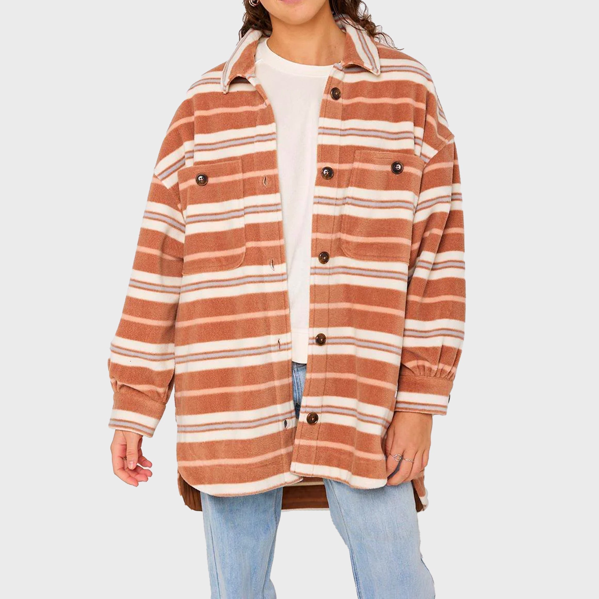 Sisstrevolution Polar Palmas Eco-zy Polar LS Overshirt in russet with striped design.