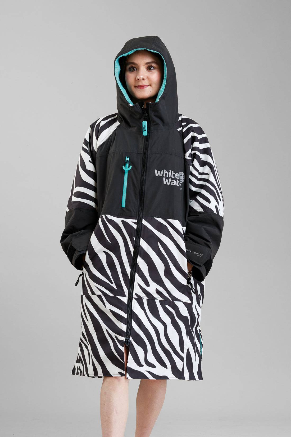 White Water Kids Hard Shell Robe in camo design with hood and zipper.