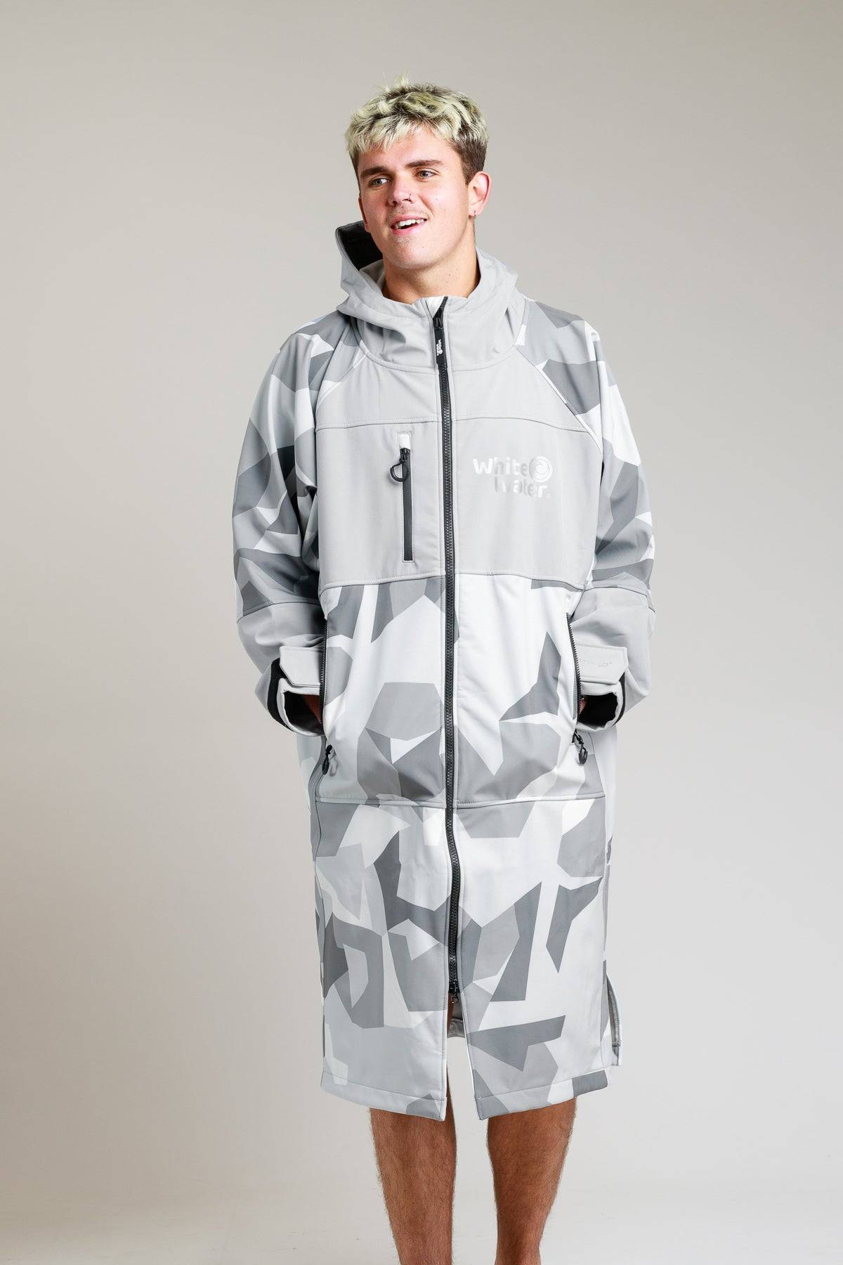 White Water Adult Soft Shell Robe in Arctic Camo, full front view with pockets.