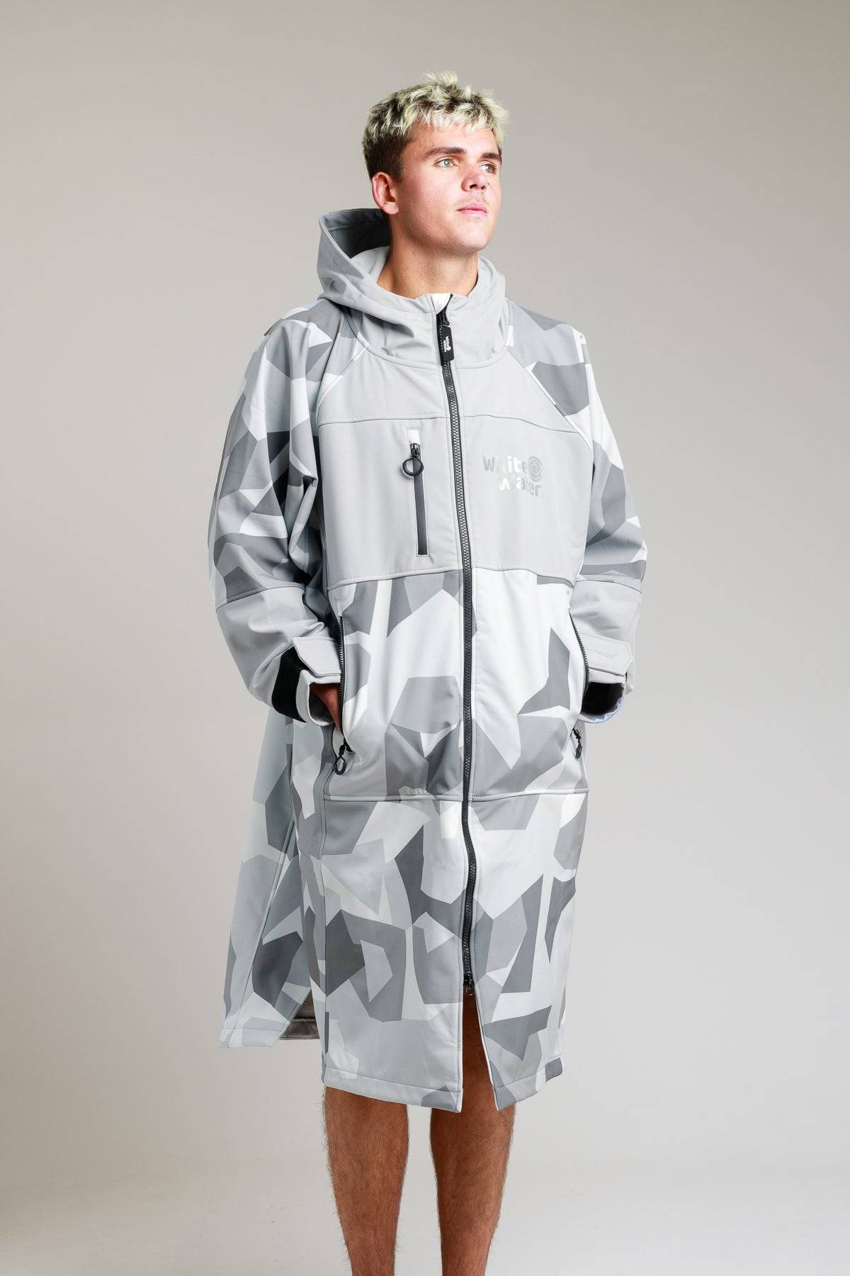 White Water Adult Soft Shell Robe in Arctic Camo, open front showing interior.