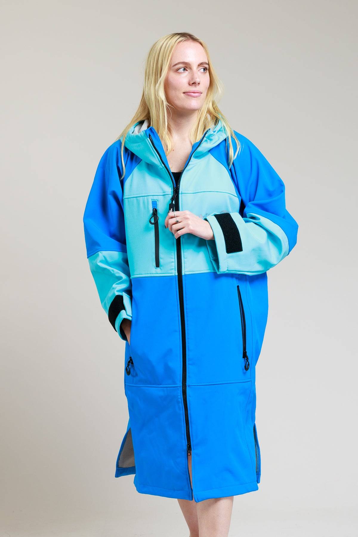 White Water Adult Soft Shell Robe in Arctic Camo, open front showing interior.