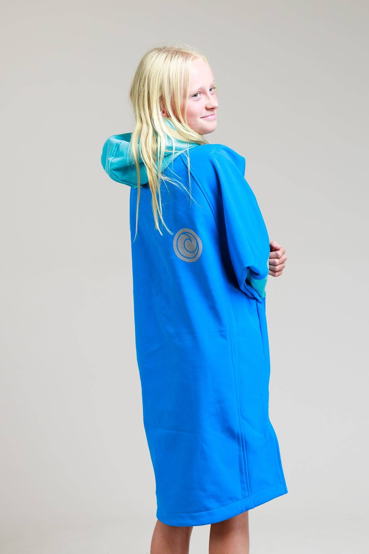 White Water Kids Soft Shell Robe in cobalt blue, back view with logo detail.
