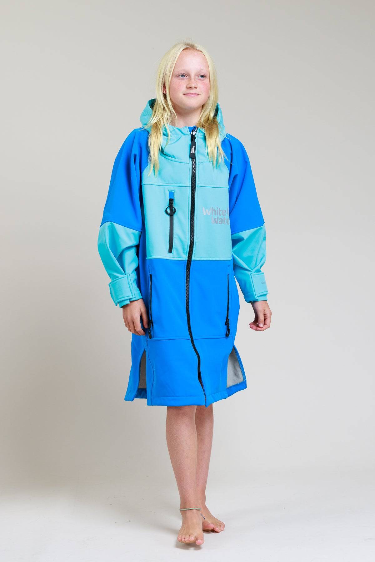 White Water Kids Soft Shell Robe in cobalt blue, full front view with zipper.