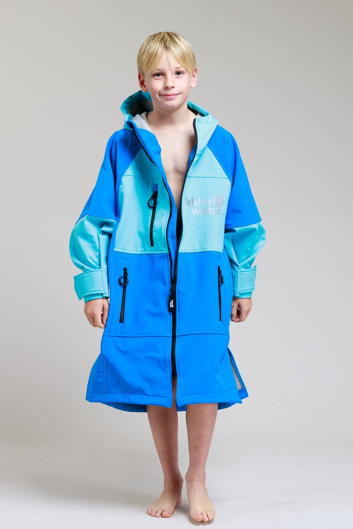 White Water Kids Soft Shell Robe in cobalt blue, front view with hood.