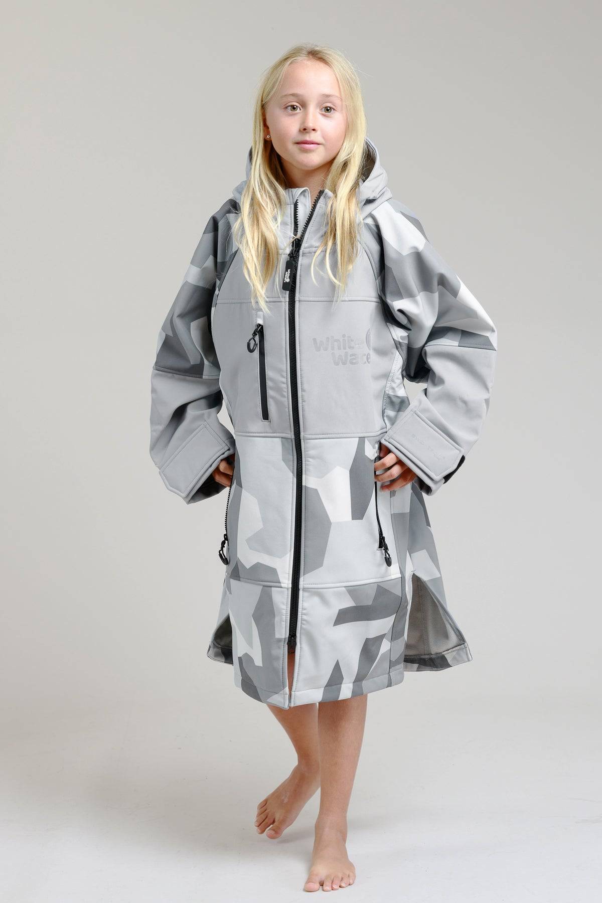 White Water Kids Soft Shell Robe in cobalt blue, front view with hood.