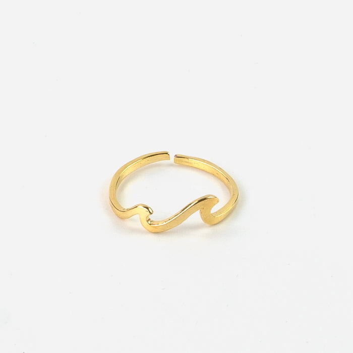 Minimalist gold double wave ring on a white background.