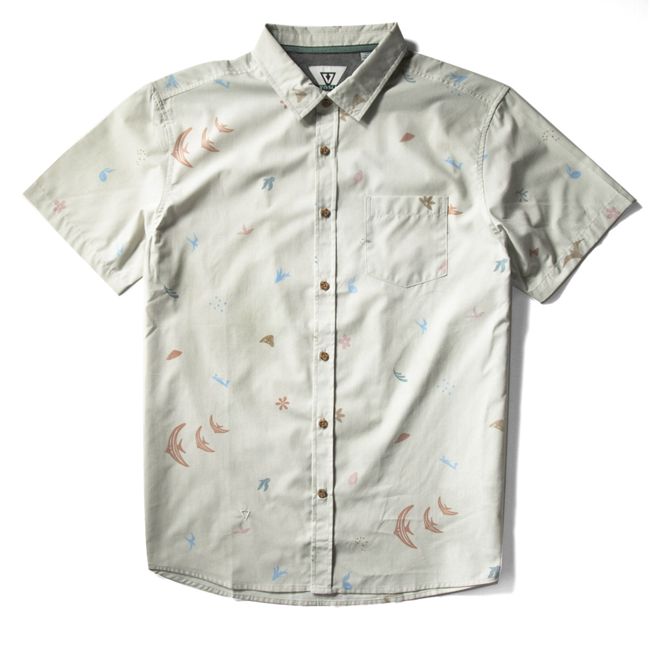 Back view of Vissla Miyashiro Island Stargazer Eco short sleeve shirt with subtle nature-inspired patterns.