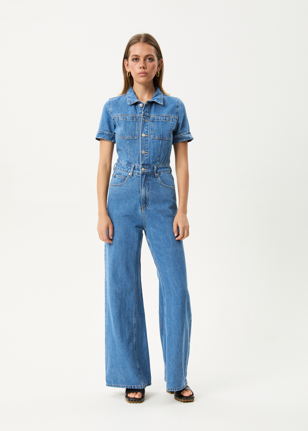 Afends Miami- Denim Flared Jumpsuit - worn blue