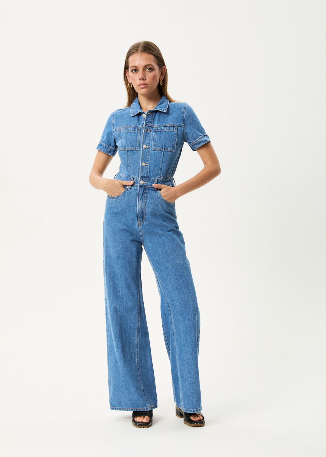 Afends Miami- Denim Flared Jumpsuit - worn blue