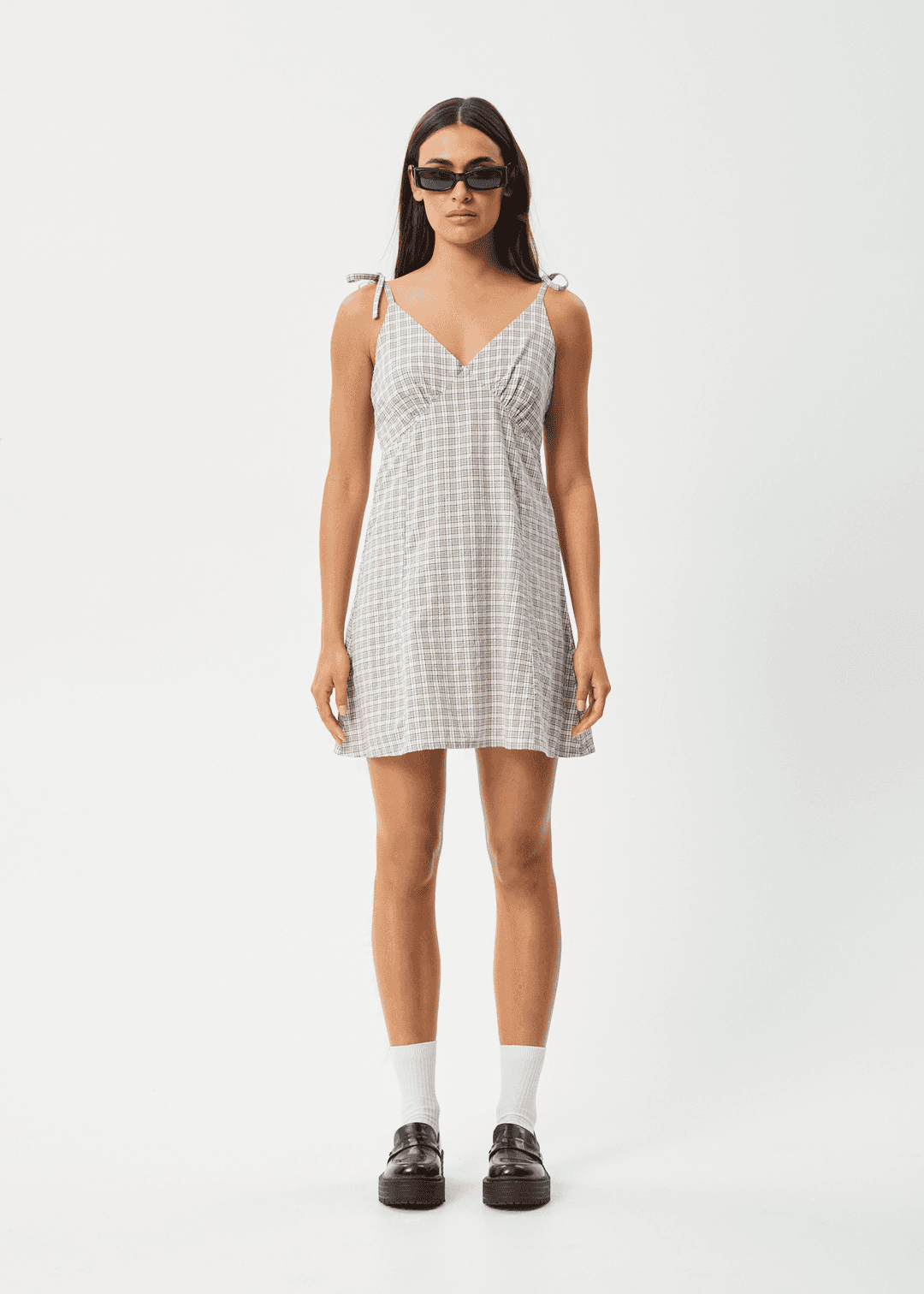 AFENDS Drew Seersucker Mini Dress - Taupe Check