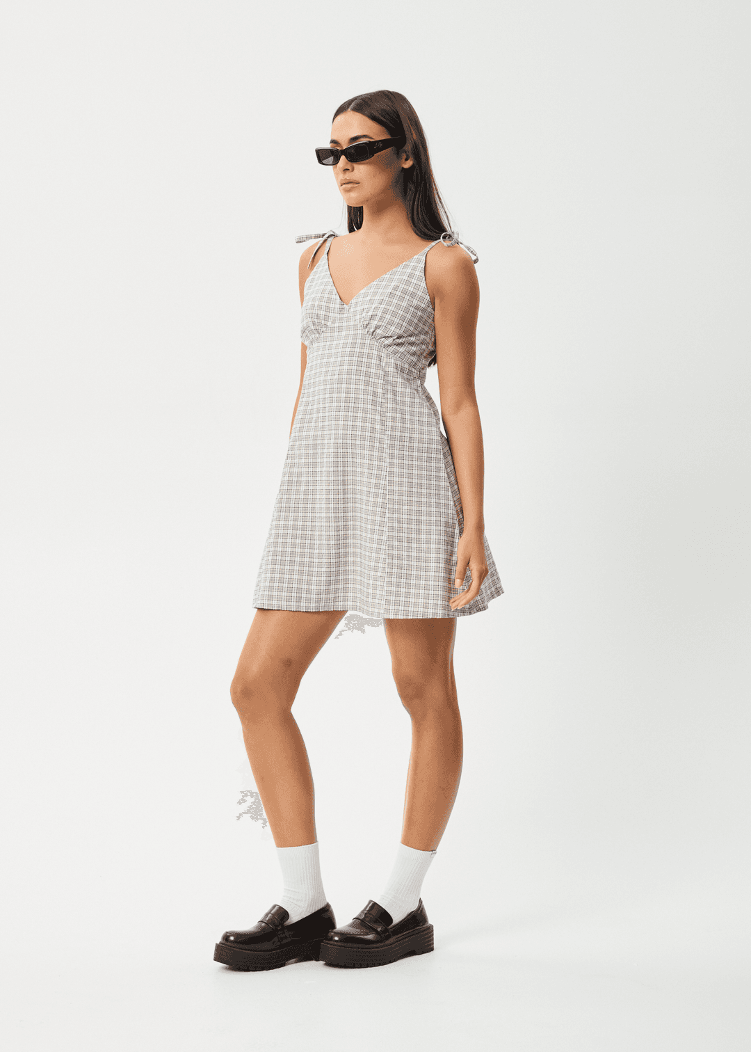 AFENDS Drew Seersucker Mini Dress - Taupe Check