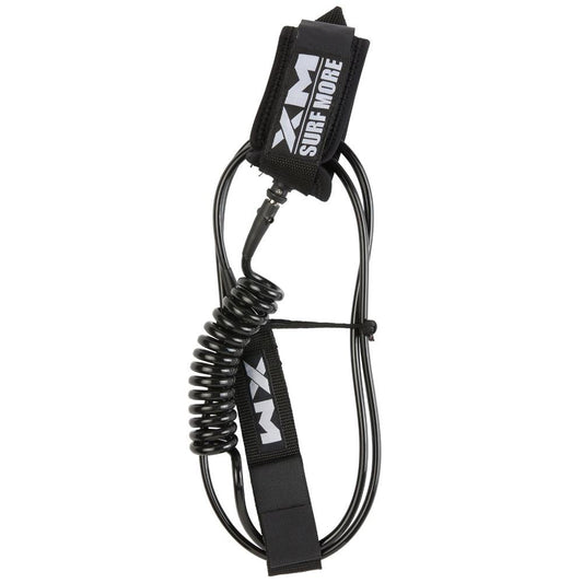XM Surf More hybrid SUP coil leash, 12 ft, black with durable coiled design.