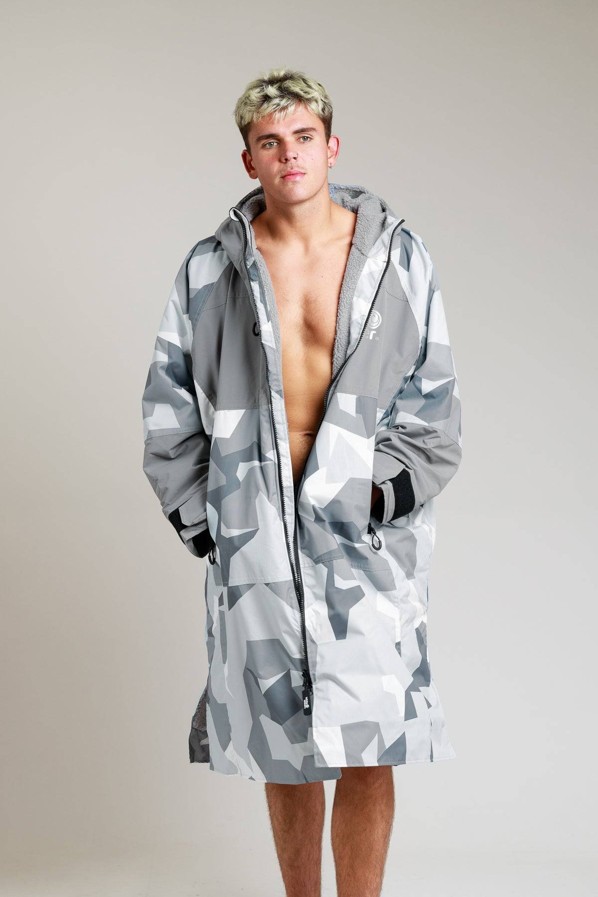 White Water Adults Hard Shell Robe in Arctic Camo/Grey, open front view on male model.