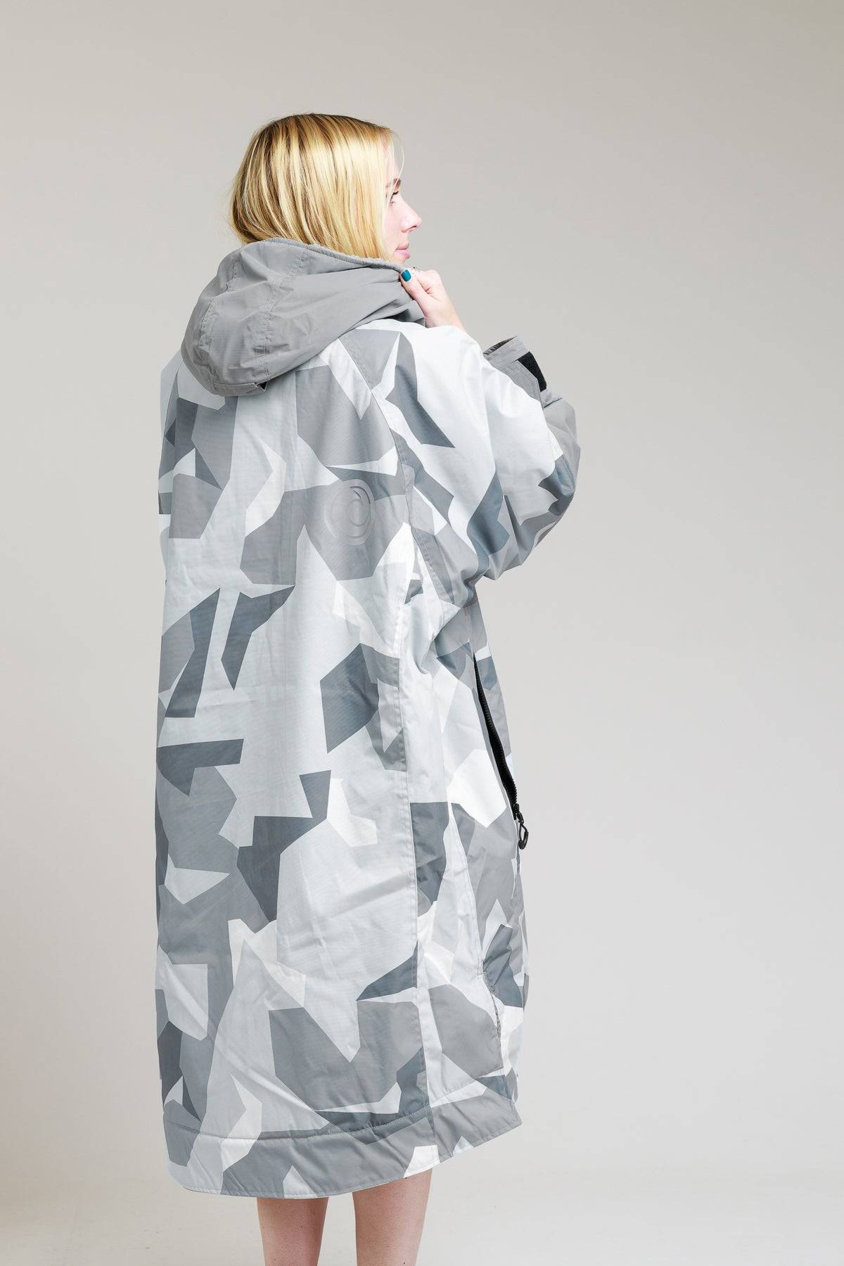 White Water Adults Hard Shell Robe in Arctic Camo/Grey, back view on female model.
