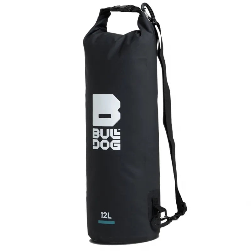 Bull Dog Dry Bag 12L black waterproof backpack with adjustable strap.