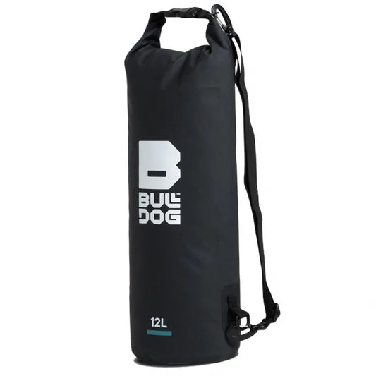 Bull Dog Dry Bag 12L black waterproof backpack with adjustable strap.