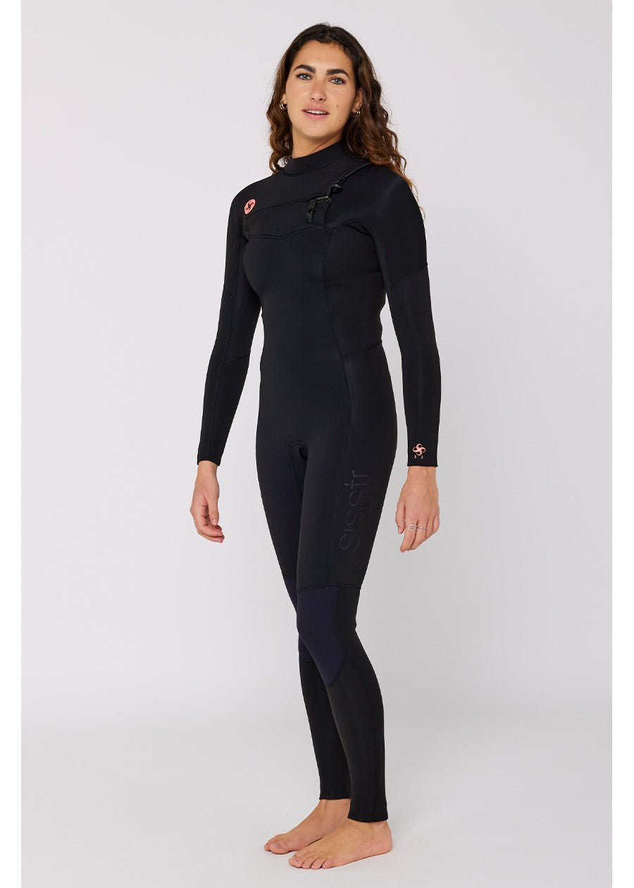 Sisstrevolution 7 Seas 3/2 chest full wetsuit in solid black, front view.