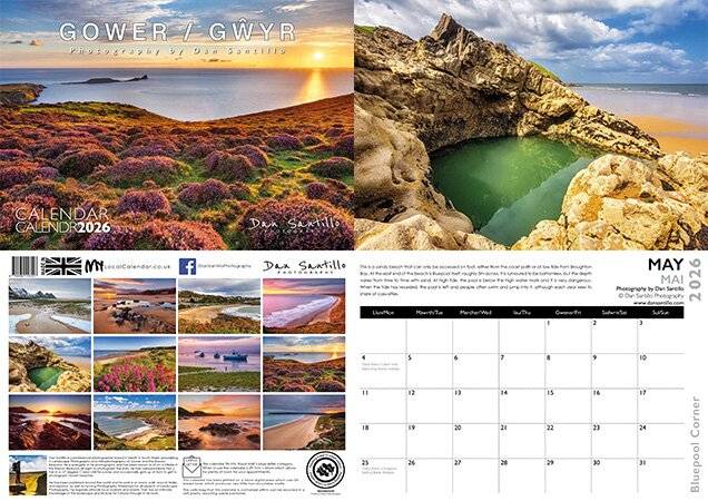 Dan Santillo Gower 2026 Calendar cover and May page featuring scenic coastal photography of Gower, Wales. Includes monthly planner with notes space.