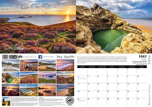 Dan Santillo Gower 2026 Calendar cover and May page featuring scenic coastal photography of Gower, Wales. Includes monthly planner with notes space.