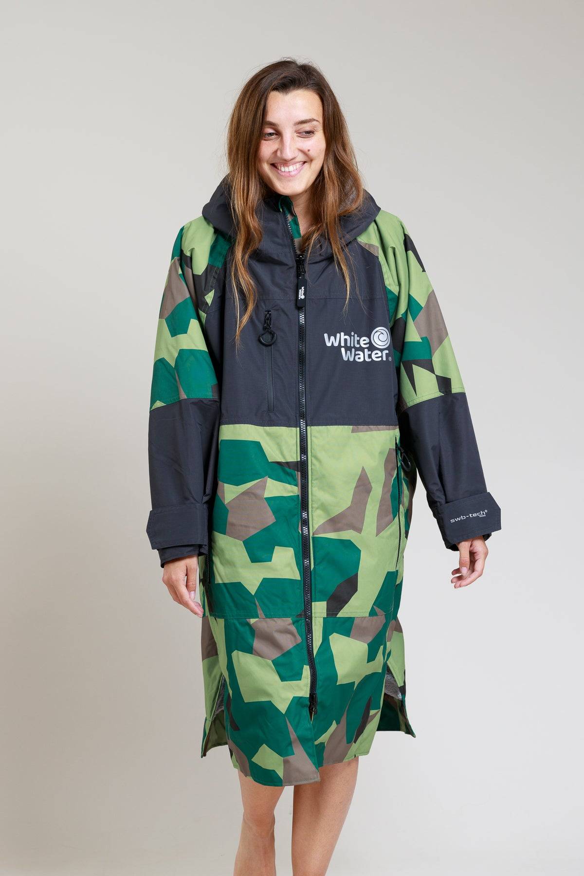 White Water Adults Hard Shell Robe in camo, front view worn fully zipped.