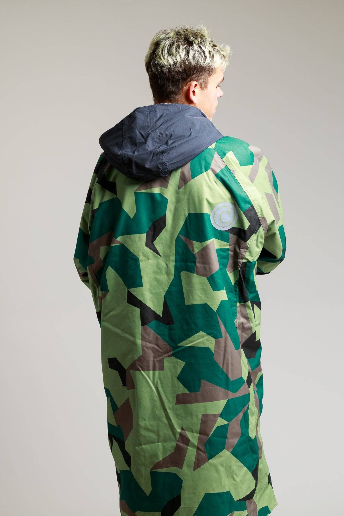 White Water Adults Hard Shell Robe in camo, back view with hood detail.
