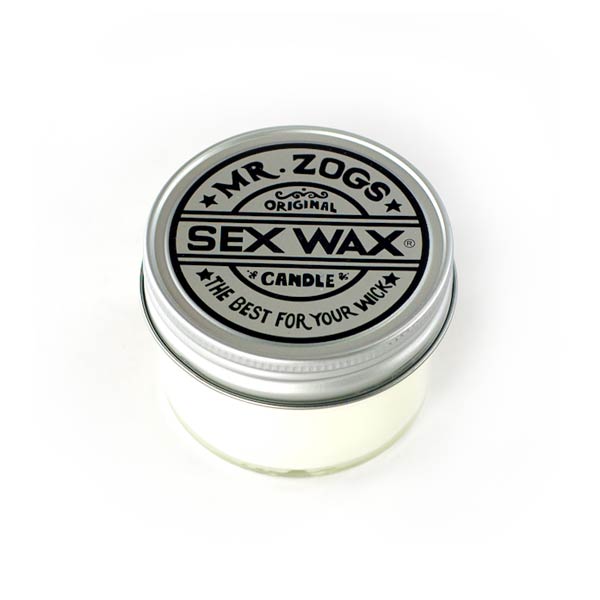 Mr. Zog's SexWax candle in white with a sleek metal lid.