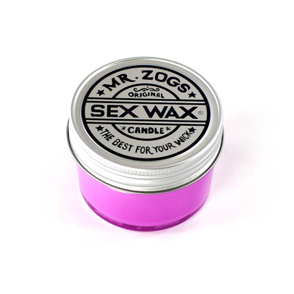 Set of three Mr. Zog's SexWax candles in vibrant purple, red, and white.