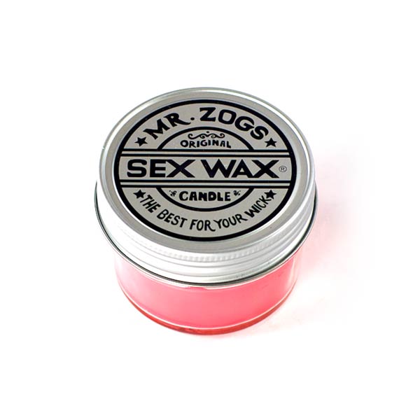 Mr. Zog's SexWax candle in bold red with a stylish metal lid.